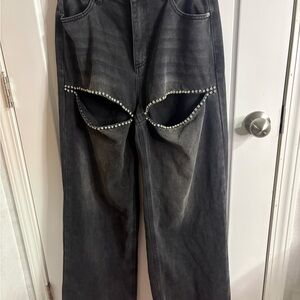 Forever 21 Black Straight-Leg Jeans with Rhinestone Cutout Trim